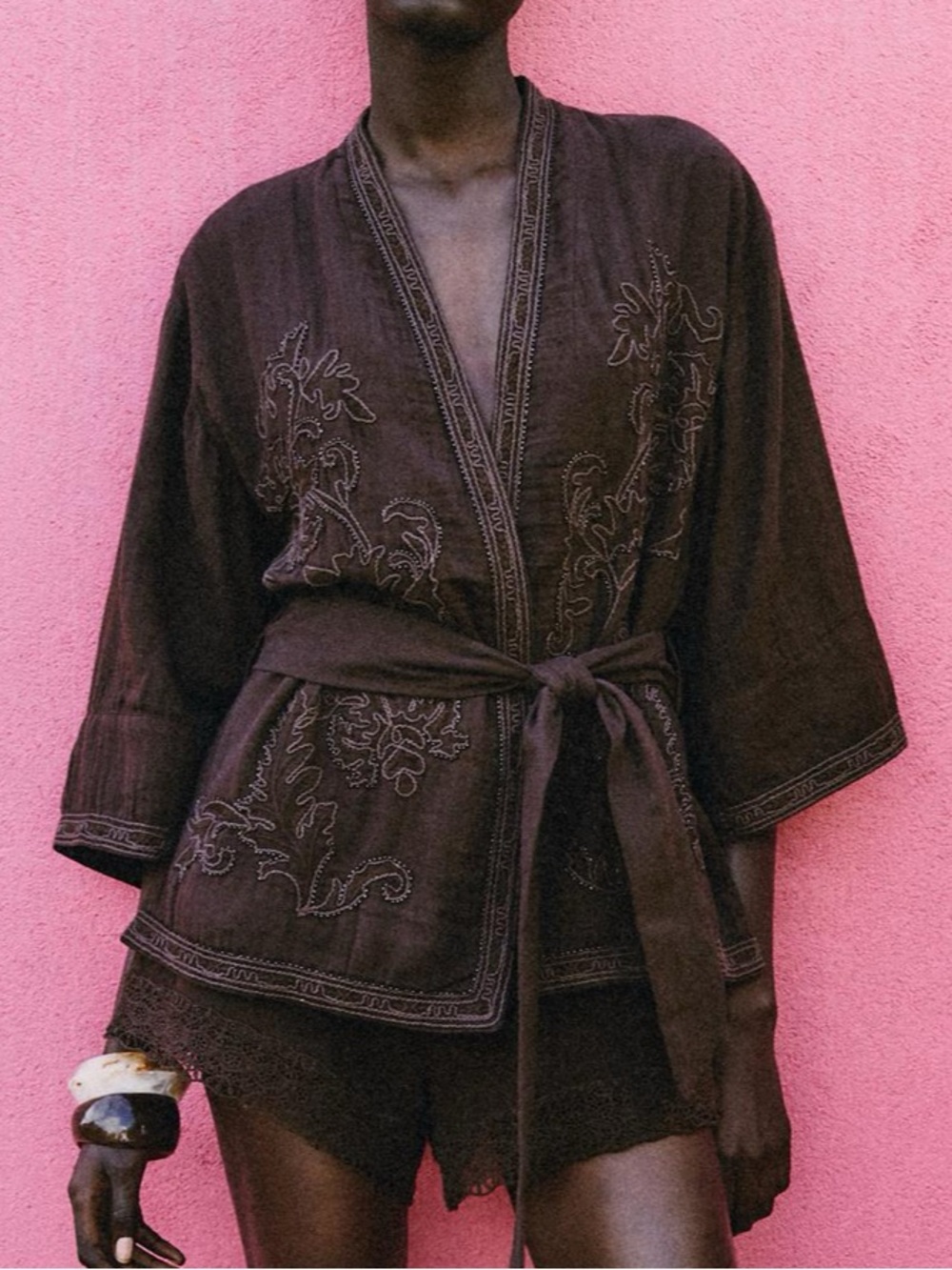100% Cotton Embroidered Belted Kimono Jacket Zara NWT